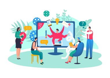 Ofiste iş, düz insanlar karakter çizimi. Zaman yönetimi konsepti için iş asistanı. Profesyonel işçi.