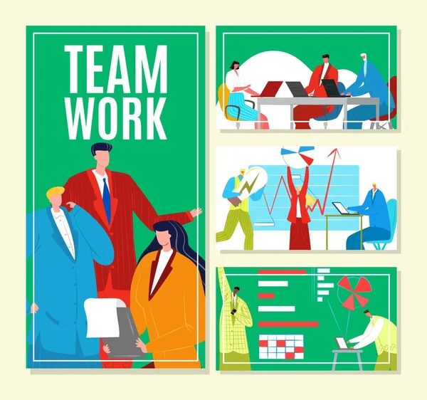 Teamarbeit mit Geschäftsleuten, Vektorillustration. Finanzmanagement, die Schaffung von flachen Idee Banner Set. Brainstorming-Hintergrund — Stockvektor