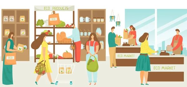 Eco mercado de comestibles con alimentos orgánicos y vegetales, la gente de dibujos animados en la ilustración vectorial tienda. Piso venta al por menor, hombre carácter mujer — Vector de stock