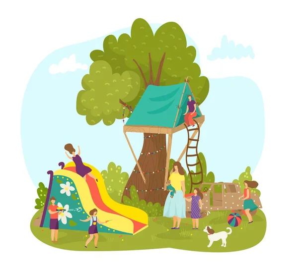 Lekplats vid naturparken, vektorillustration. Glad flicka pojke barndom, barn leker i tecknade utomhus dagis. — Stock vektor