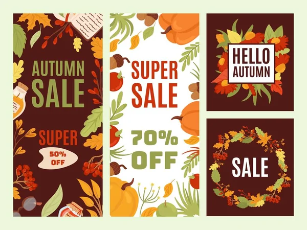 Sonbahar kartı tasarımı, vektör çizimi. Turuncu yapraklarla süslenmiş renkli bir poster. Mevsimlik indirim, hoş geldin mektupları, satış promosyon teklifi.