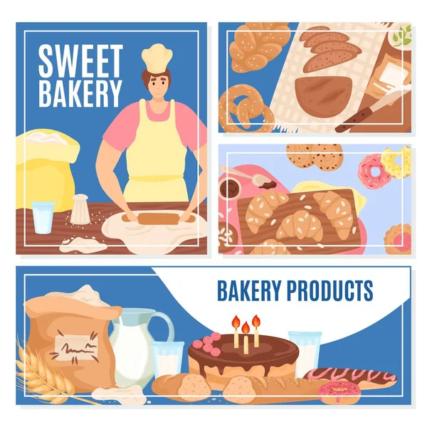 Bakery product banner set, vector illustration. Confectionery symbol, wheat, loaf. Vintage poster collection cake, croissant. — Vetor de Stock