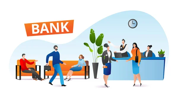 Bank people in modern office, vector illustration. Corporate business meeting with client, manager consultancy customer. Employees work professionally — Stock Vector