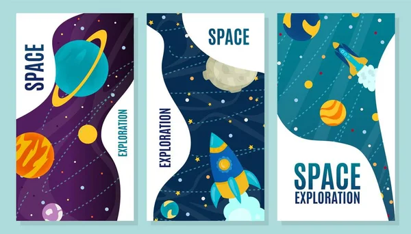 Banner de dibujos animados de exploración espacial, ilustración vectorial. Cohete de vuelo a través de la galaxia, tecnología moderna, planeta de exploración, luna, sol. — Vector de stock