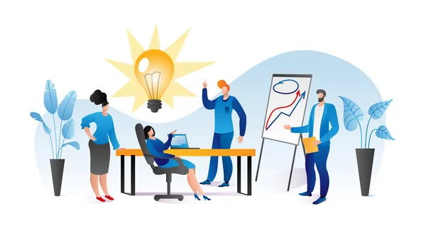 Business team idea creativa concetto, illustrazione vettoriale. Persone personaggio lavoro alla riunione di gruppo, background di marketing di lavoro di squadra. — Vettoriale Stock