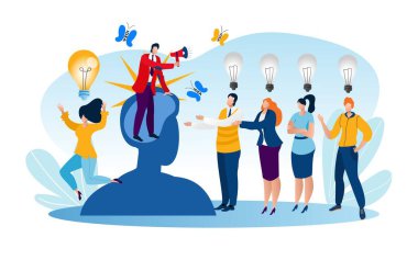 İş adamları yaratıcı kişi konseptinden, vektör illüstrasyonundan fikir ampulünü bekliyorlar. Düz erkek kadın karakteri kuyrukta bekler