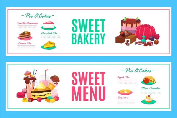 Cake dessert bakery pastry menu set, vector illustration. Cupcake collection food at cafe design shop, chocolate cream and snack sweets. — Vetor de Stock