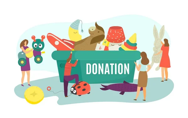 Charity donation, flat assistance to children, box with toy vector illustration. Volunteer people donate toys for poor children design. — Image vectorielle