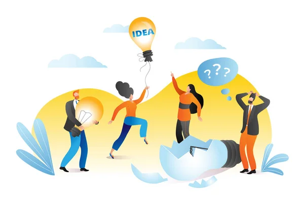 Business creative idea concept, vector illustration. People team group try to catch light bulb, businessman woman character work at success solution. — Image vectorielle