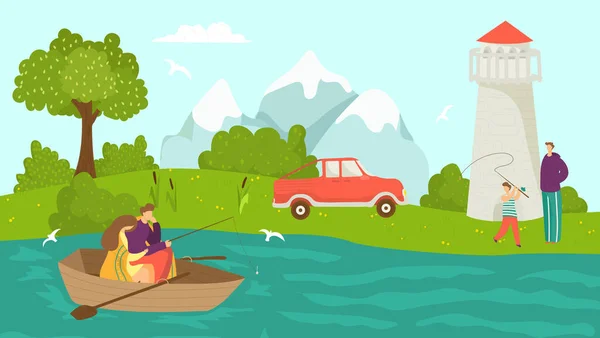 Pesca en el lago de la naturaleza, ilustración del vector. Personaje de la gente de ocio, ocio actividad hobby en el verano del agua del río. Dibujos animados deporte al aire libre en vacaciones — Vector de stock