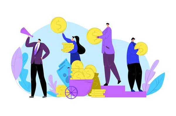 People hold in hand finance coin money, business currency investment vector illustration. Businessman woman giving money cash concept. — Stock Vector