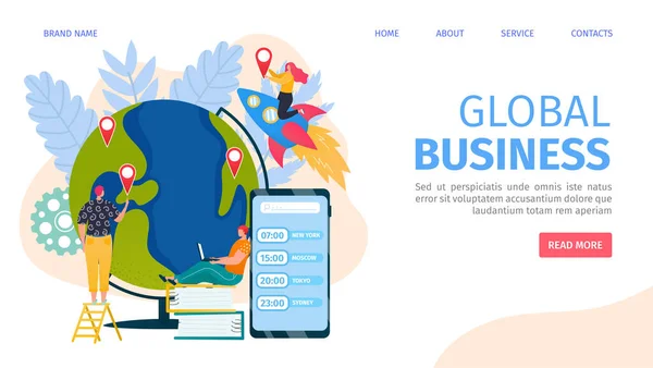 Global business, people at globe world concept landing page vector illustration. Businessman woman character at flat world map — Vetor de Stock