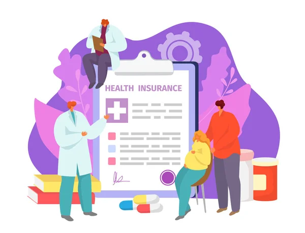 Doctor with medical health insurance, care about family protection vector illustration. Woman man patient character use protect flat service. — Image vectorielle