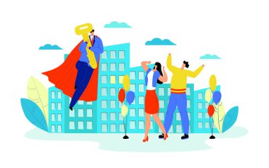 Ev al, ev al, emlak satışı, vektör illüstrasyonu. Süper kahraman ajan yeni bir daire sattı, insanlar için bir ev. İpoteği alan kişi