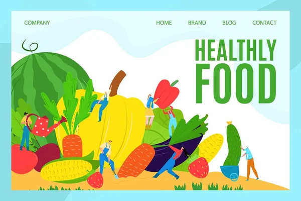 Gezond voedsel landing page concept, vector illustratie. Cartoon vegetarische levensstijl met groente dieet website. Vrouw man mensen karakter — Stockvector