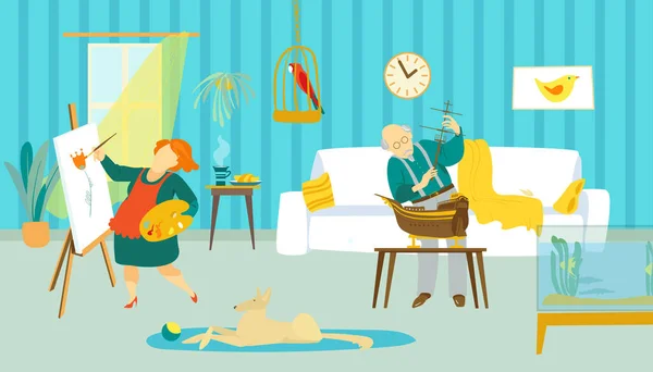 Oudere mensen stellen thuis, oudere familie vrije tijd levensstijl vector illustratie. volwassen man vrouw persoon ontspanning met hobby — Stockvector