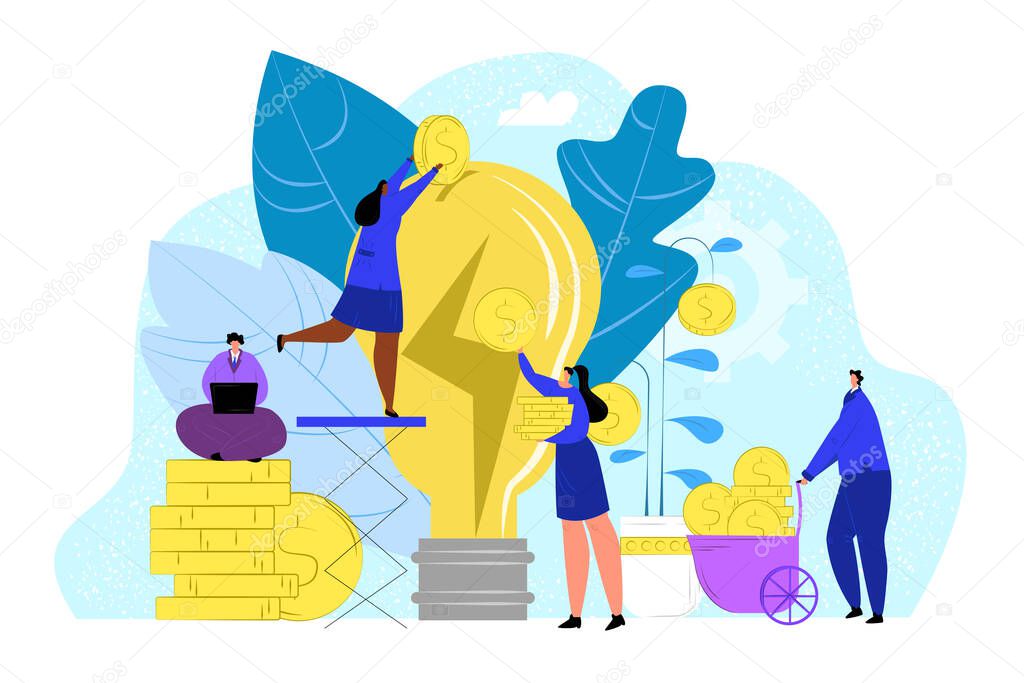 Business people give money to flat idea design concept, vector illustration. Finance crowdfunding and project investment, creative bulb innovation.