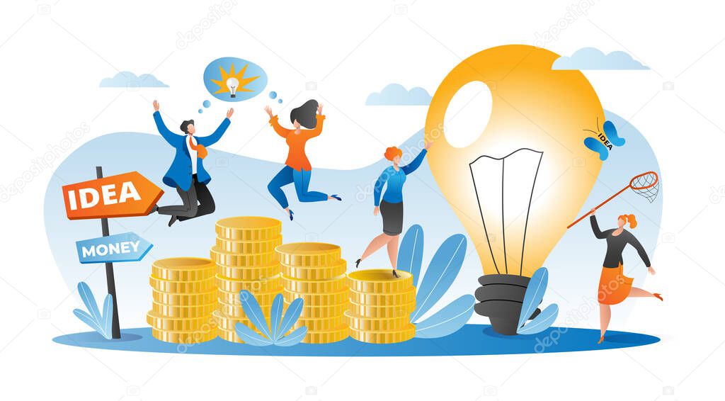 Business idea concept, people get money vector illustration. Flat success finance investment design, cartoon strategy for attract investor.