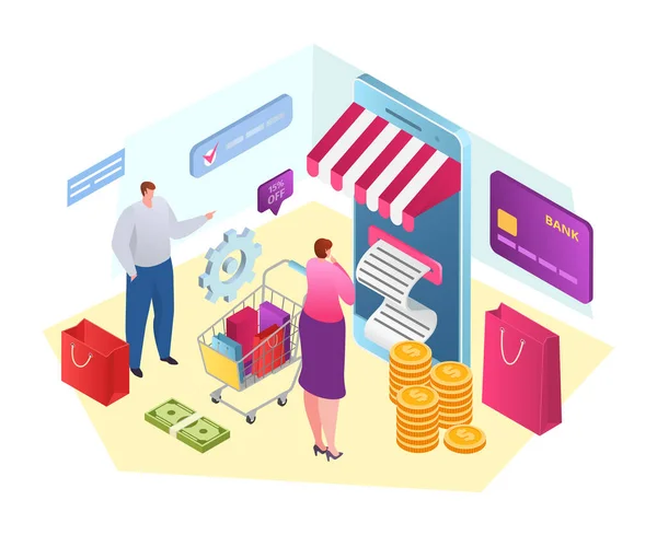 People use internet service, isometric buy with check bill vector illustration. Online payment receipt, business money safe at shopping. — Stock Vector