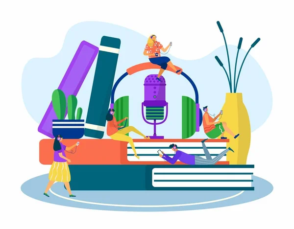 Record podcast by microphone, headphones technology vector illustration. Digital online radio broadcasting, people voice at sound podcasting media. — Stock Vector