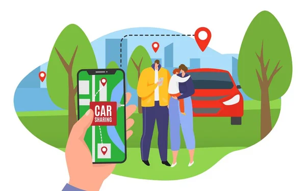 Family search transport location at mobile flat service vector illustration. Flat car sharing app, travel ride with online smartphone app. — Image vectorielle