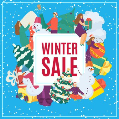 Kış indirimi sancak vektör illüstrasyonu. Noel çizgi film afişindeki kadın erkek karakter. Tatil hediyeli kız jimnastikçiler.