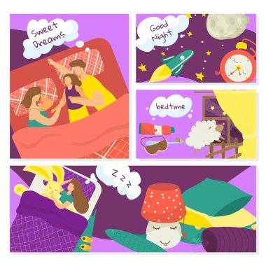 Gece rüyası, vektör çizimi. İnsan yatak konseptinde çizgi film yastığıyla yatar, erkek kadın karakter düz yatak odasında dinlenir..