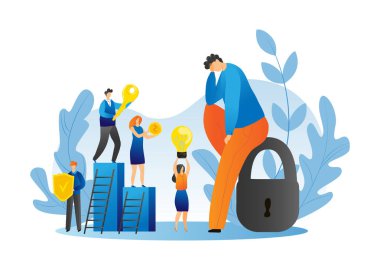 İş ekibi problem kavramını çözer, vektör illüstrasyonu. Erkek kadın karakter lideri, fikir ve çizgi film çözümü ile takım çalışması.