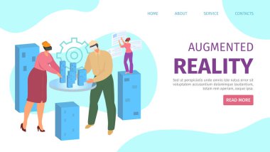 Dijital teknolojide artırılmış gerçeklik, VR gözlüklü insanlar konsept vektör çizimi. Sanal gerçeklik düz cihaz, erkek kadın modern tasarım.