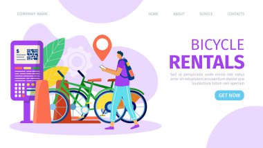 Bisiklet kiralama dairesi, çizgi film bisikleti yaşam tarzı web sayfası illüstrasyonu. Kentsel caddede spor gezisi, seyahat için ulaşım.