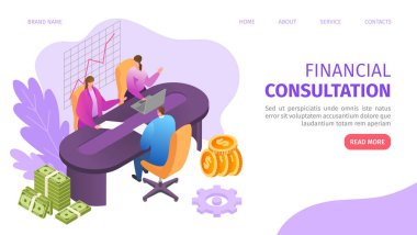 Sabit karakterli vektör illüstrasyonuyla finansal iş danışmanlığı. Finans analizi web pankartı, danışman muhasebe şirketi yatırımı