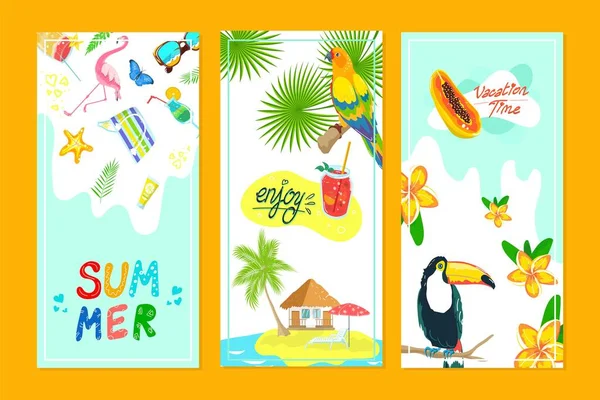 Desenho de banner de verão tropical, ilustração vetorial. Férias na praia, conjunto de fundo de viagem e turismo temporada de férias. Cartaz da natureza do mar — Vetor de Stock