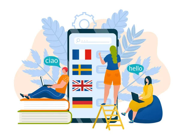 Tecnologia Smartphone com linguagem, ilustração vetorial. Estude inglês, espanhol, francês on-line por educação plana no curso de internet. — Vetor de Stock