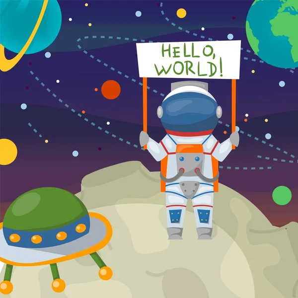 Ruimteman cartoon astronaut in de ruimte, kosmonaut op maan vector illustratie. Hallo wereld, astronomie technologie en grafisch universum. — Stockvector