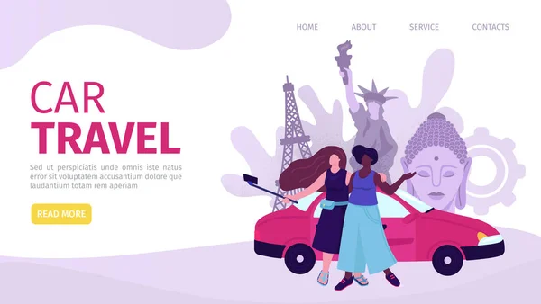 Viagem de carro landing page, ilustração vetorial. Pessoas mulher personagem viagens em desenhos animados férias, site. Amigo turístico use veículo plano nas férias — Vetor de Stock