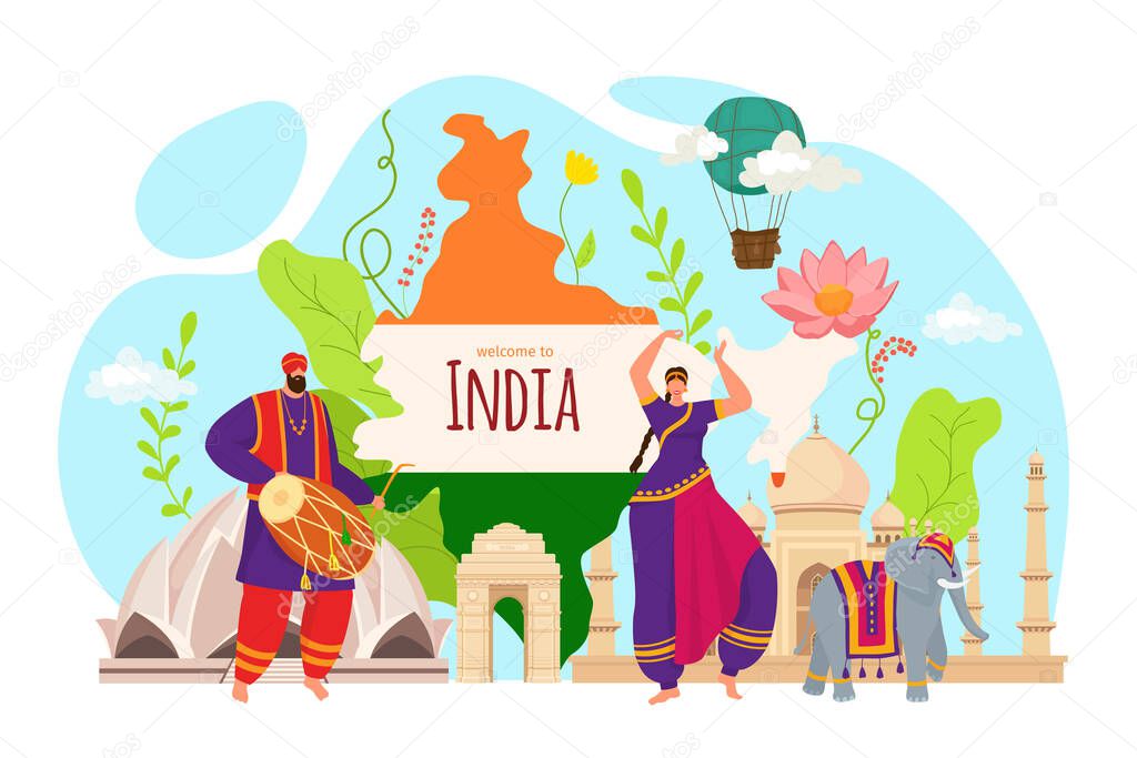 Tourism in india, people travel in asia culture vector illustration. Flat indian holiday symbol design, asian architecture in country concept.