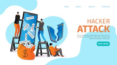Akıllı telefondaki düz bilgi hackleme, bilgisayar korsanı veri koruma teknolojisi illüstrasyonunu kırdı. İnternet suçlusu, karikatür siber saldırı iniş sayfası