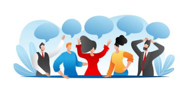 Farklı görüşleri olan insanlar, konuşma balonuyla iletişim, vektör illüstrasyonu. İş kadını tartışması, çizgi film grubu diyaloğu.