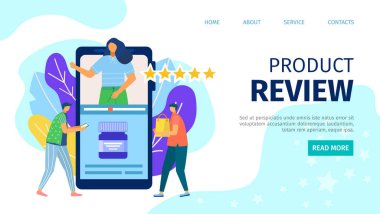 Çevrimiçi görüş, vektör illüstrasyonunu gözden geçir. Akıllı telefon konseptinde geri bildirim, ürün hakkında karikatür müşteri seçimi. Düz iş servisi