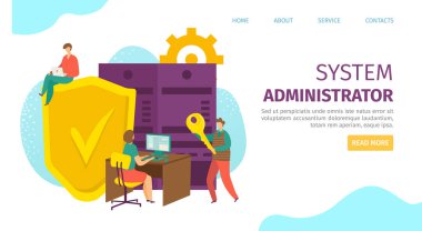 Sistem veri sunucusu düz ağ, vektör illüstrasyonu. İnternet insanları yönetici konsepti, web afişi geçmişi. İş güvenliği