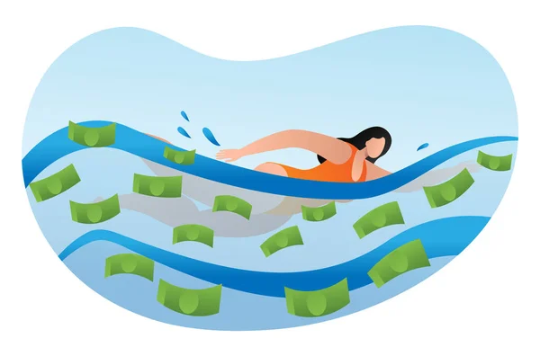Žena fyzická aktivita bazén s cash dollar fondy, žena bohatá osoba kreslený vektor ilustrace, izolované na bílém. — Stockový vektor