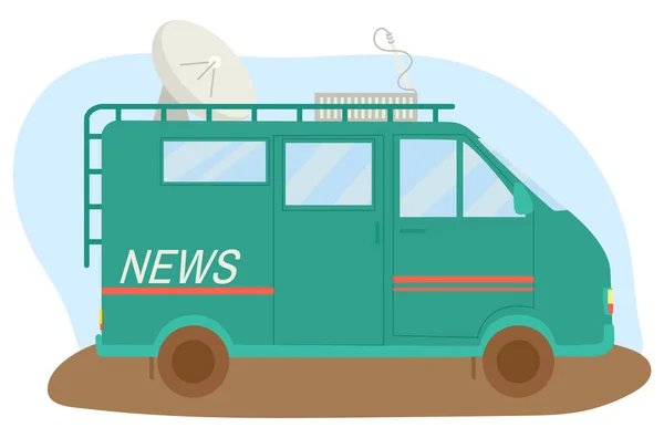 Vehículo minibús canal de noticias transporte especial, vagón con antena de satélite y equipo de periodismo ilustración vectorial plana, aislado en blanco. — Vector de stock