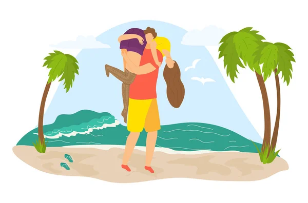 Viagem tropical fim de semana férias, lindo casal personagem masculino segurar no ombro fêmea plana vetor ilustração, isolado no branco. — Vetor de Stock