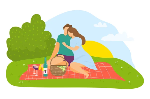 Preciosa pareja sentada al aire libre jardín natural lugar, familia romántico picnic fecha plana vector ilustración, aislado en blanco. — Vector de stock