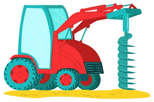 Ikon grävmaskin med borr, professionella byggfordon utrustning, mark arbete platt vektor illustration, isolerad på vit. — Stock vektor