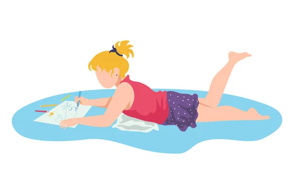 Petit enfant couché sur le sol dessin aquarelle image, personnage enfants femelle plat vecteur illustration, isolé sur blanc. — Image vectorielle