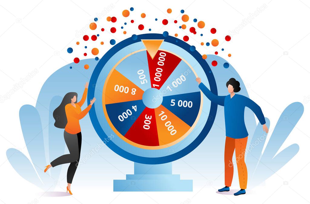 Winning ring fortune lottery, woman and man character spin lucky wheel, raffle cartoon vector illustration, isolated on white.