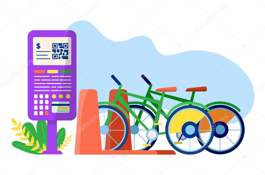 City transport bicycle station, modern urban rent bike, mobile phone application for lease flat vector illustration, isolated on white.