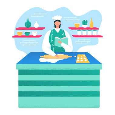 Kadın aşçı nefis yemekler, kadın karakter tarifi kitap pişirme fırın ürünü düz vektör çizimi, beyaz üzerine izole edilmiş..