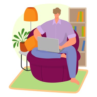 Evdeki koltukta oturan adam internet dizüstü bilgisayarı, çevrimiçi modern yaşam uzaktan kumandalı düz vektör çizimi, beyaz üzerine izole edilmiş..